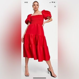 Shirred puff sleeve midi dress